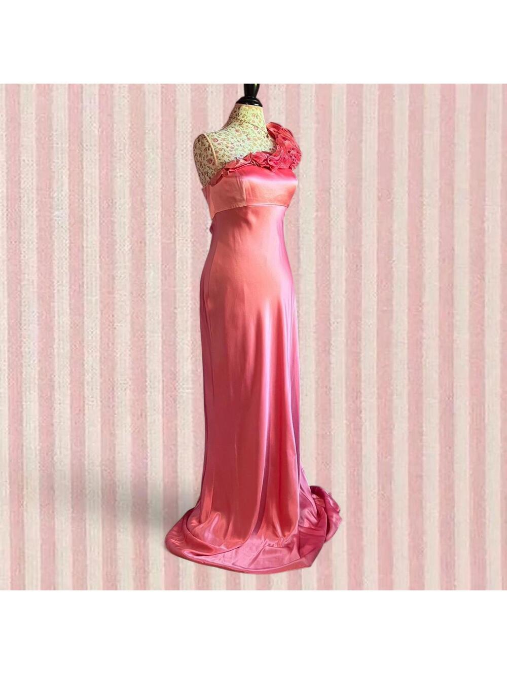 silk pink floor length dress with floral ruffles - Picture 3 of 8